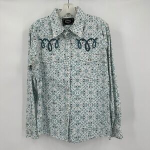 Women Western Boho Shirt Size L Turquoise Paisley Print Pearl Snap Cowgirl Rodeo